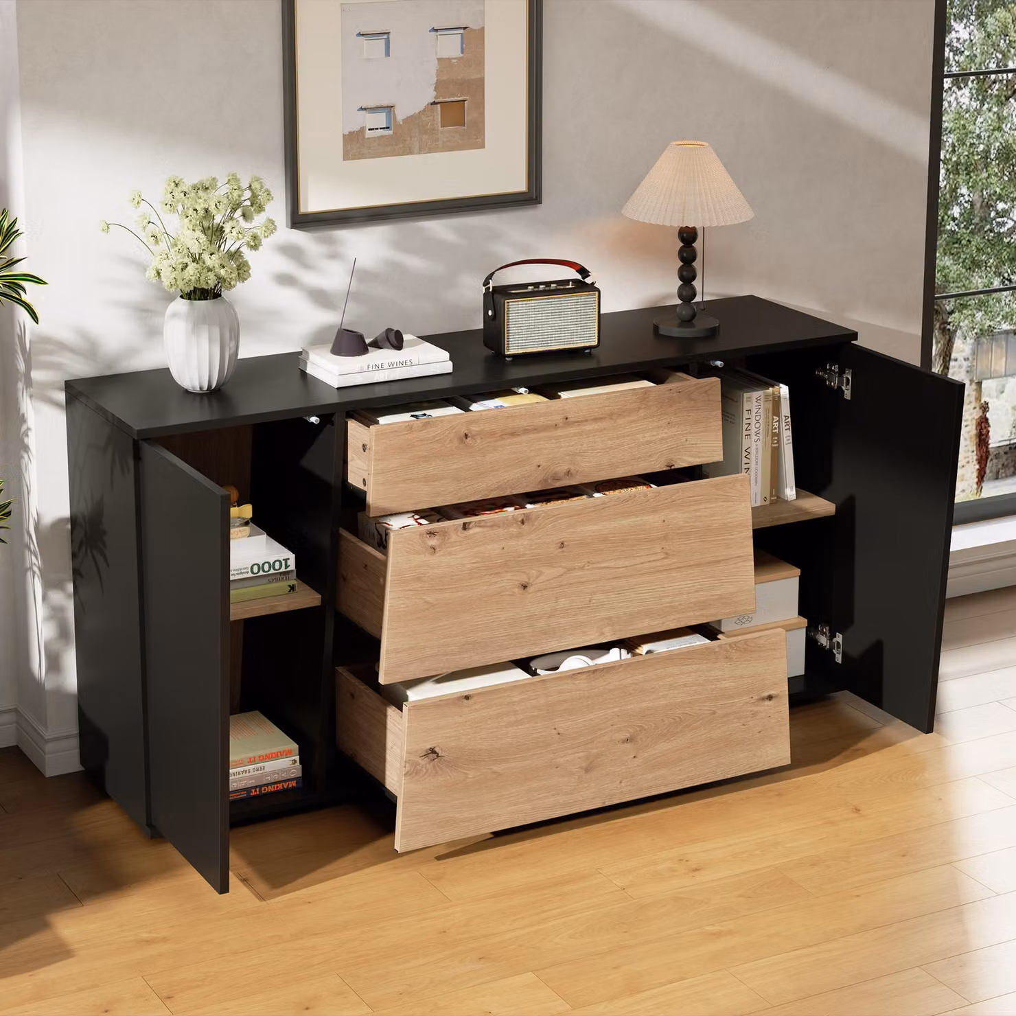 Mobile contenitore laterale con piano di lavoro, armadietto da cucina con 3 cassetti e 2 ante, mobile buffet con vani chiusi, mobiletto contenitore per cucina e soggiorno