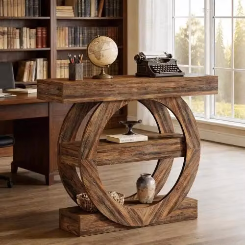 Consolle Mivray in legno marrone rustico con tre ripiani aperti, L: 105 cm, P: 30 cm, H: 85 cm – 2