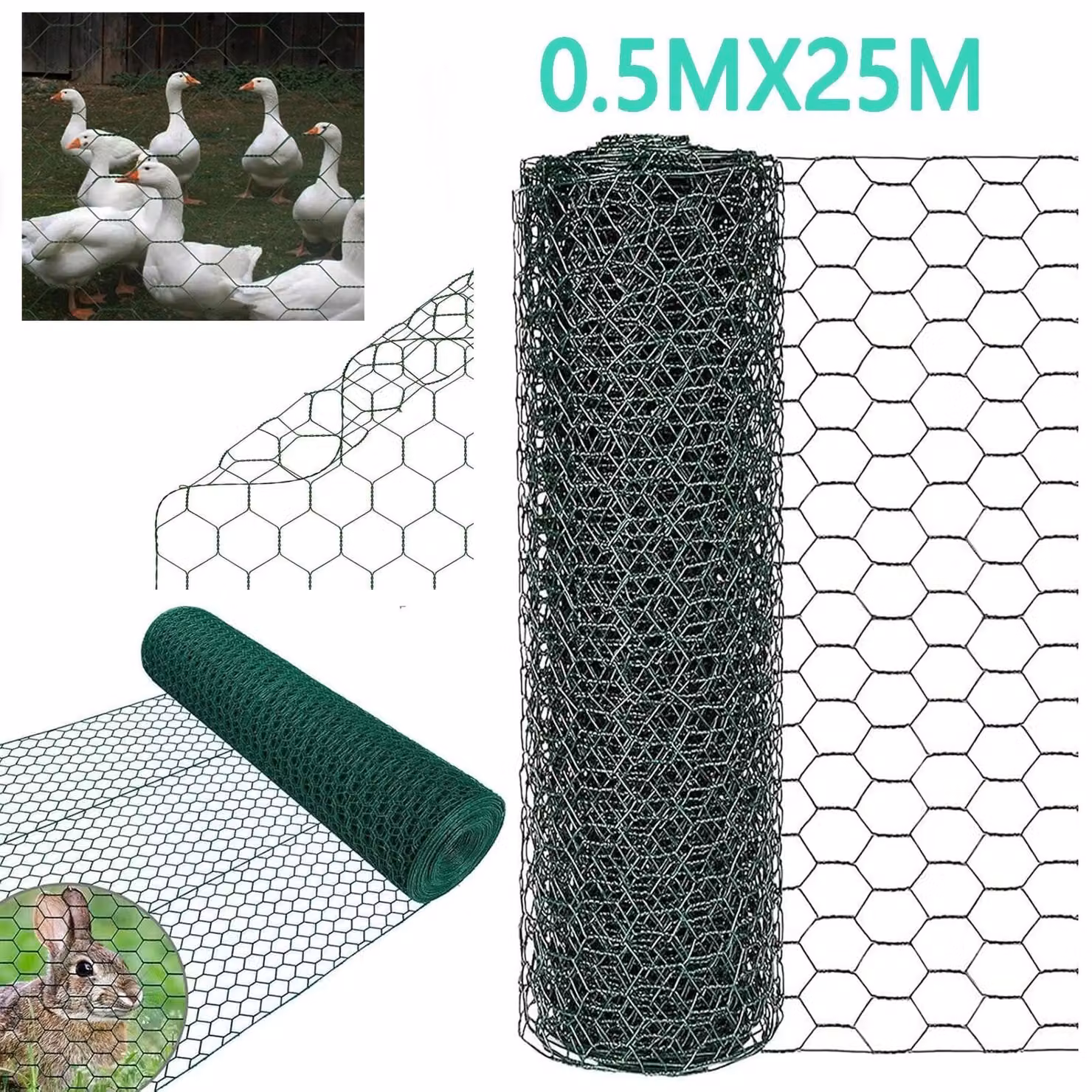Rete metallica a maglie esagonali - 0,5m x 25m - Zincata - Rivestita in PVC - Dimensione delle maglie: 25mm - Recinzione per polli e gabbie per piccoli animali - Colore: verde