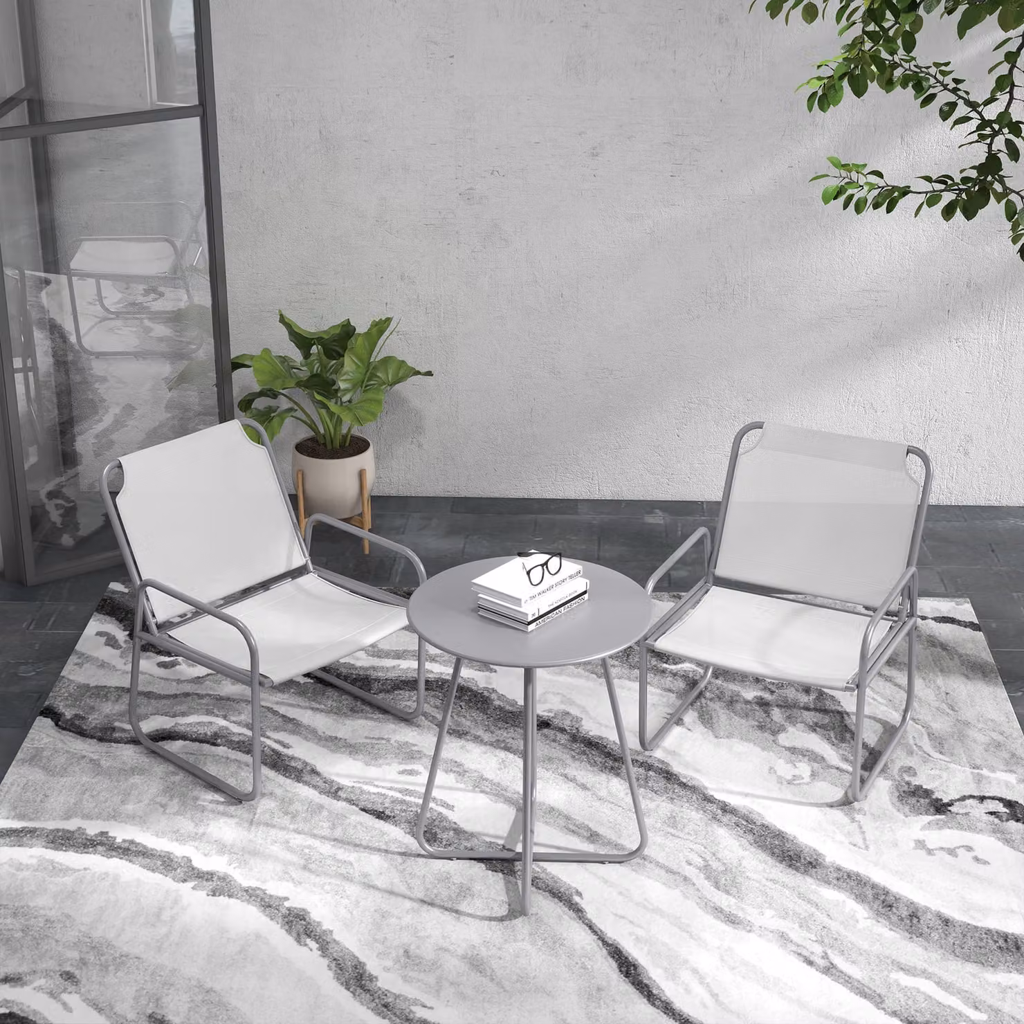 Set di mobili da giardino AIORBER 3 pezzi, in metallo, 2 sedie con tessuto a rete e braccioli, tavolino, resistente alle intemperie e di facile manutenzione, per balcone, terrazza, grigio