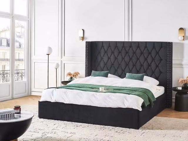Letto contenitore Beliani in velluto nero e argento stile glamour L/P/H: 180 x 200 x 75 cm – 1