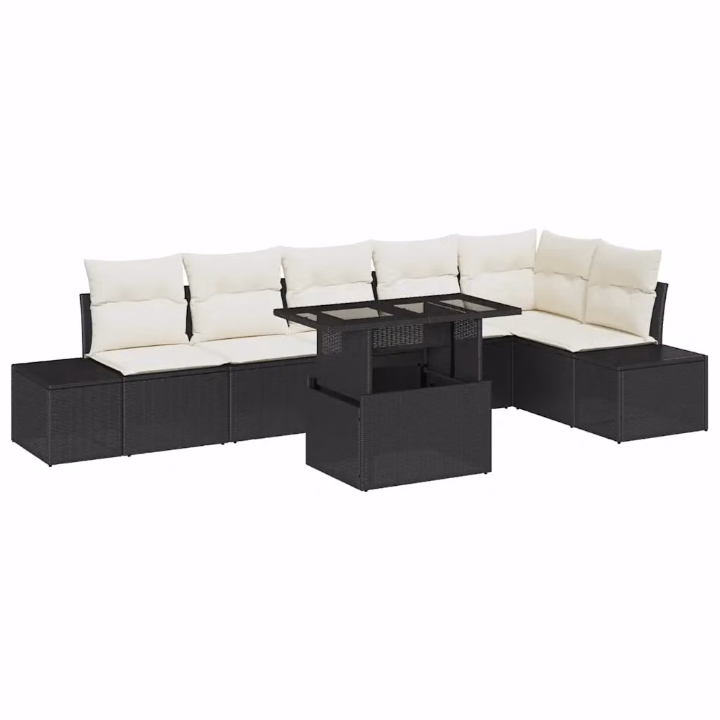 Set Divano da Giardino vidaXL 7 Pezzi a Forma di L con Tavolino, Nero e Beige – 2