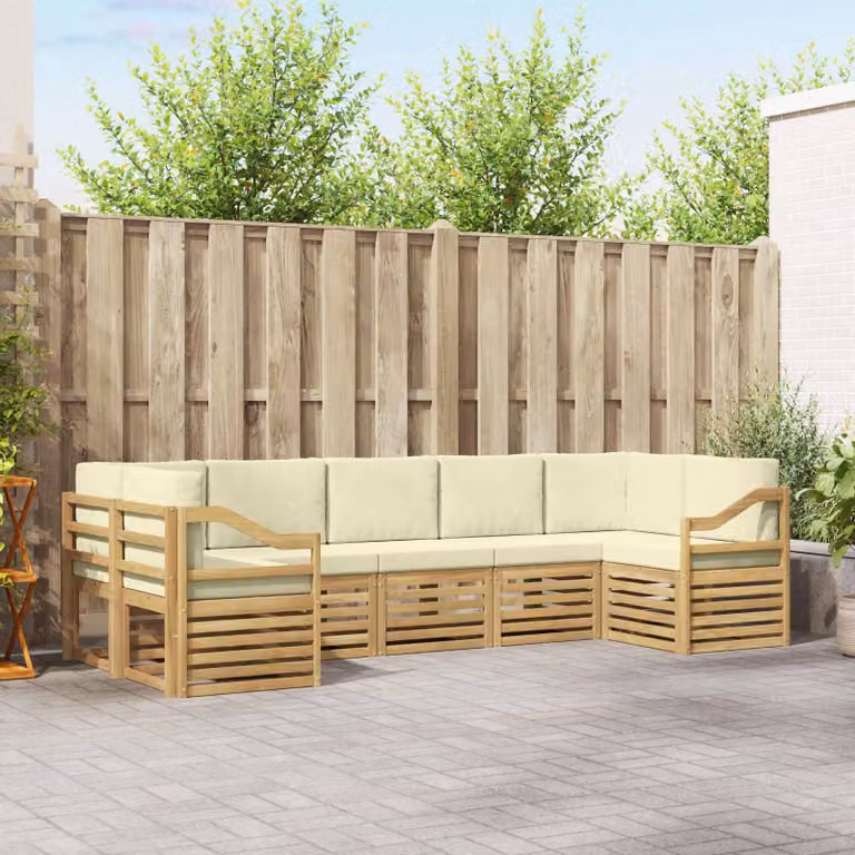 vidaXL Set di divani da esterno a L 7 pz in legno di acacia con cuscini bianchi, beige e marroni