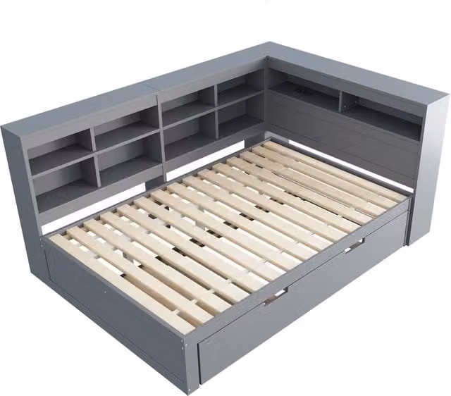 Letto matrimoniale moderno in legno grigio con letto estraibile e vani portaoggetti, dotato di porta USB, L/P/H: 222.5 x 140 x 92.5 cm