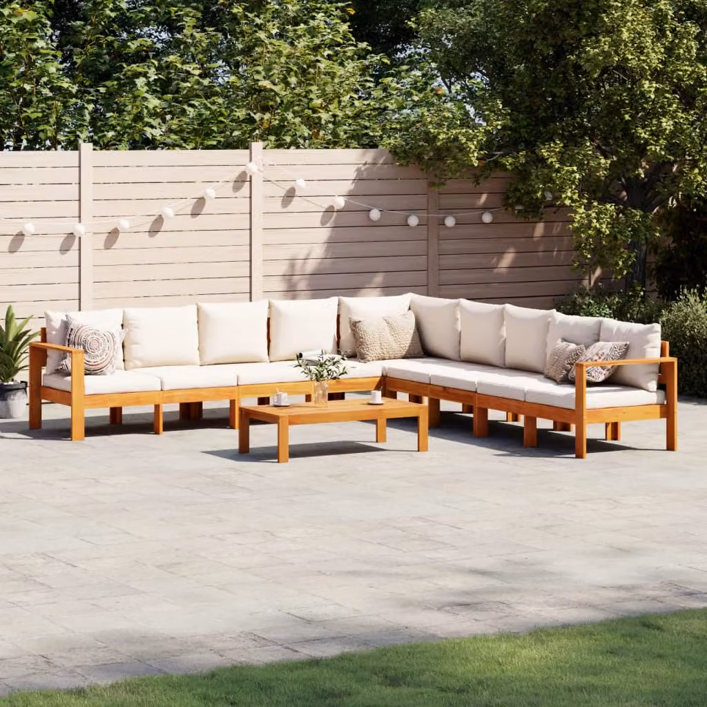 vidaXL Set Divano da Giardino 6 pz a L in Legno di Acacia con Cuscini Beige e Bianchi – 1