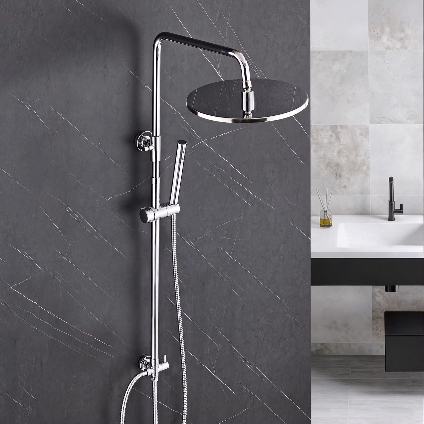 Colonna doccia in acciaio inossidabile, doccia a pioggia diametro 20 cm, altezza regolabile da 74 a 114 cm