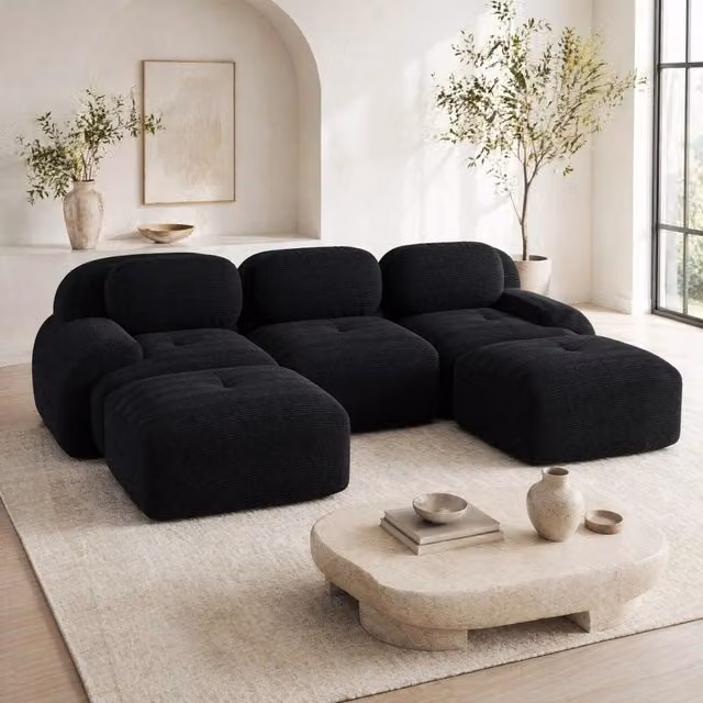 Divano angolare modulare in velluto a coste; 298x178x70 cm; nero