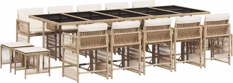 Set da Pranzo da Giardino 15 pz con Cuscini Beige in Polyrattan