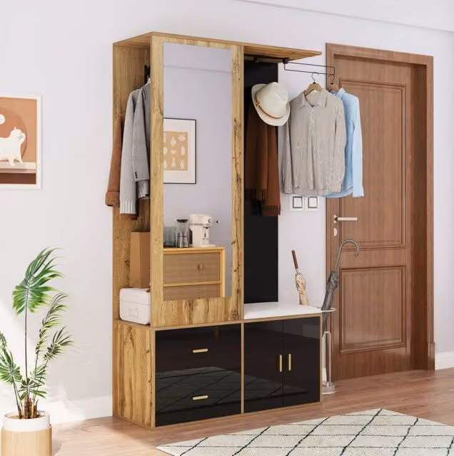 Armadio da ingresso con specchio; panca; cassetto e scarpiera 100x38x180 cm Nero/Naturale