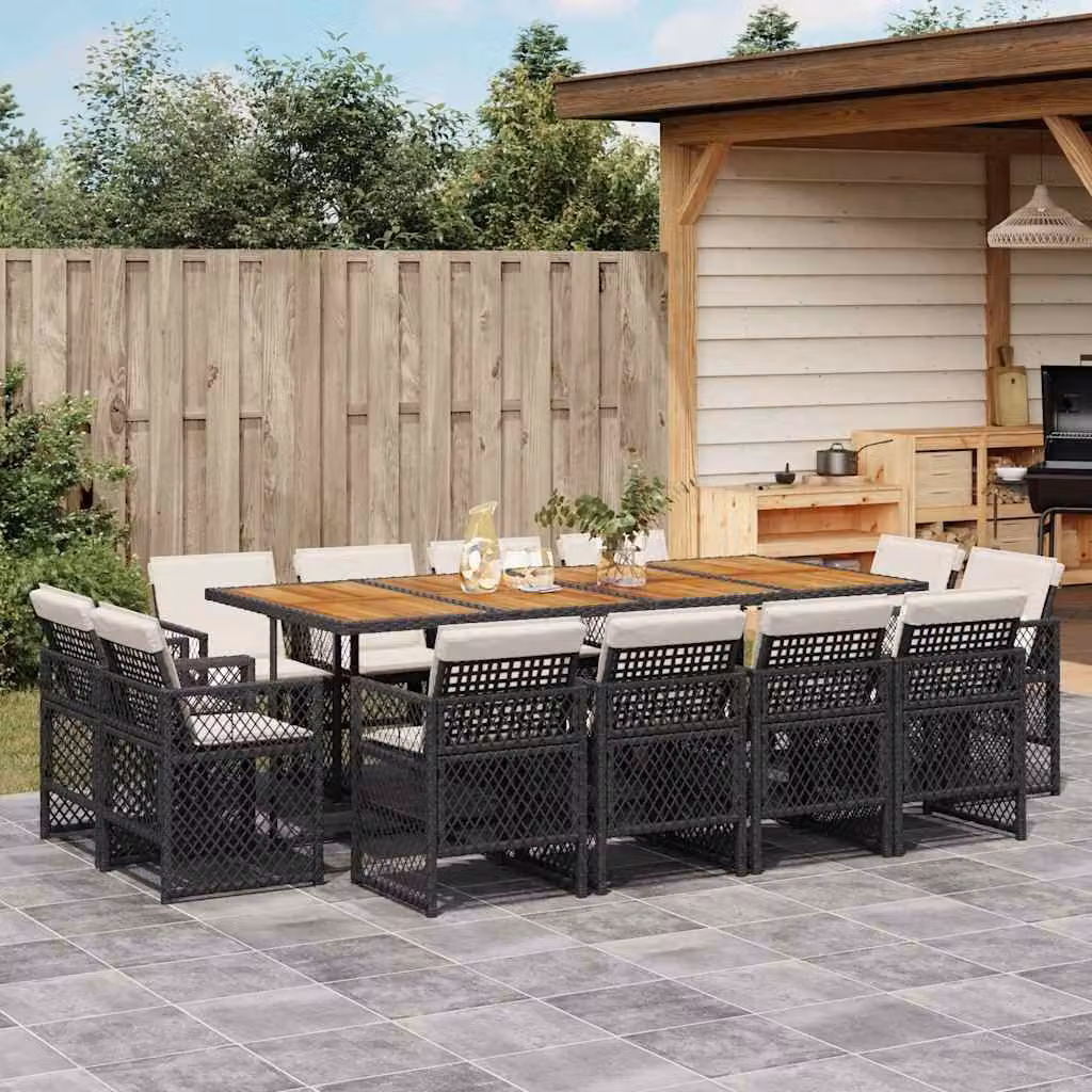 vidaXL Set da Pranzo da Giardino 13pz in Polyrattan e Legno di Acacia con Cuscini Nero, Marrone e Bianco – 1