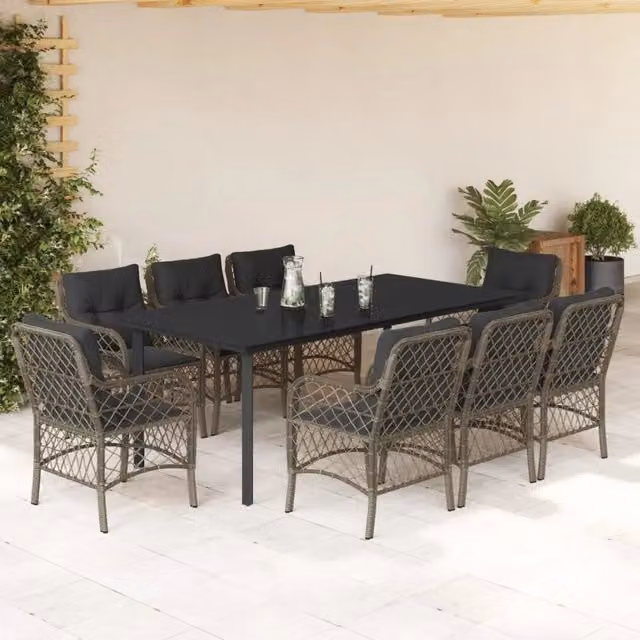 Set da pranzo da giardino vidaXL in polyrattan e vetro con 9 pezzi, colore grigio e nero – 1