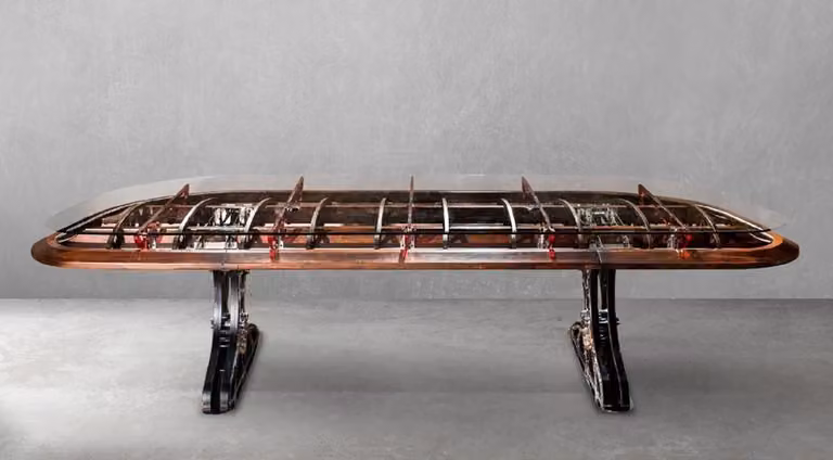 Casa Padrino scrivania in stile industriale con piano in vetro argento / marrone / rosso 333 x 125 x h. 78,5 cm - Scrivania in stile industriale - Mobili da ufficio in stile industriale - Mobili in stile industriale