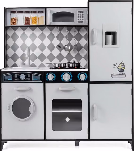 Cucina giocattolo Design Mania in legno e plastica con macchina del ghiaccio, piano cottura, forno e microonde, Grigio, H: 91 cm, L: 102 cm, P: 30 cm – 1