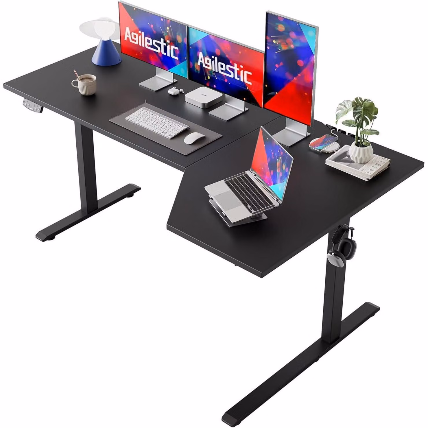Scrivania regolabile in altezza, elettrica, a forma di L, 160 cm, adatta sia per lavorare seduti che in piedi, ideale per l'ufficio domestico, per computer, con piano in materiale composito, colore nero, dimensioni 160 x 90 cm