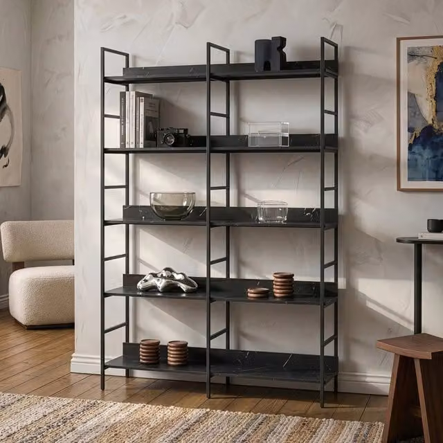 Libreria Noskik en.casa con ripiani, design moderno nero con effetto marmo, H: 180 cm, L: 120 cm, P: 30 cm – 1