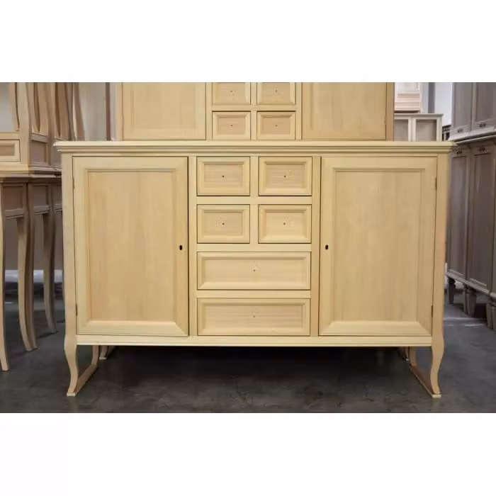 Madia credenza in legno grezzo con 2 porte e 6 cassetti Mobili 2G L/P/H: 140 x 43 x 90 cm