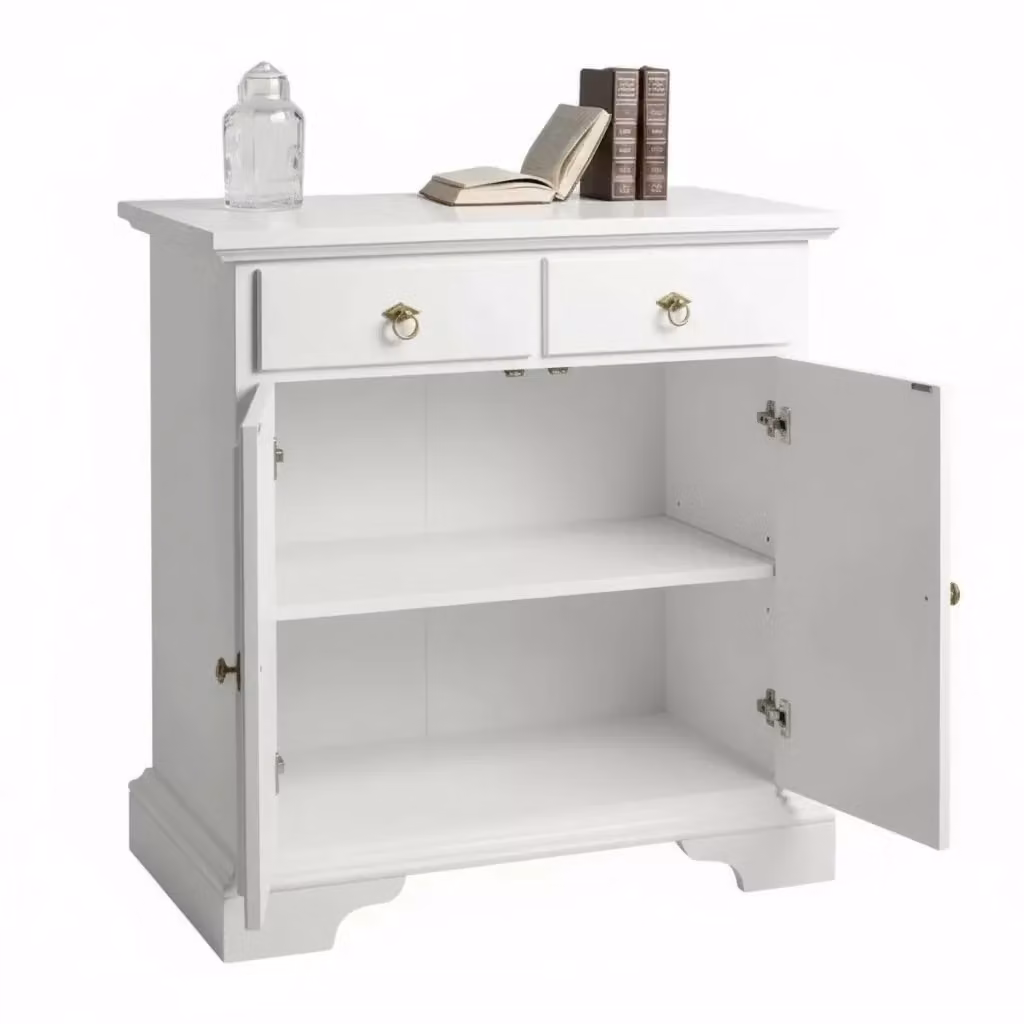 Credenza in legno massello stile arte povera con 2 ante e 2 cassetti bianca Mobili 2G L: 90 cm, P: 40 cm, H: 94 cm – 1