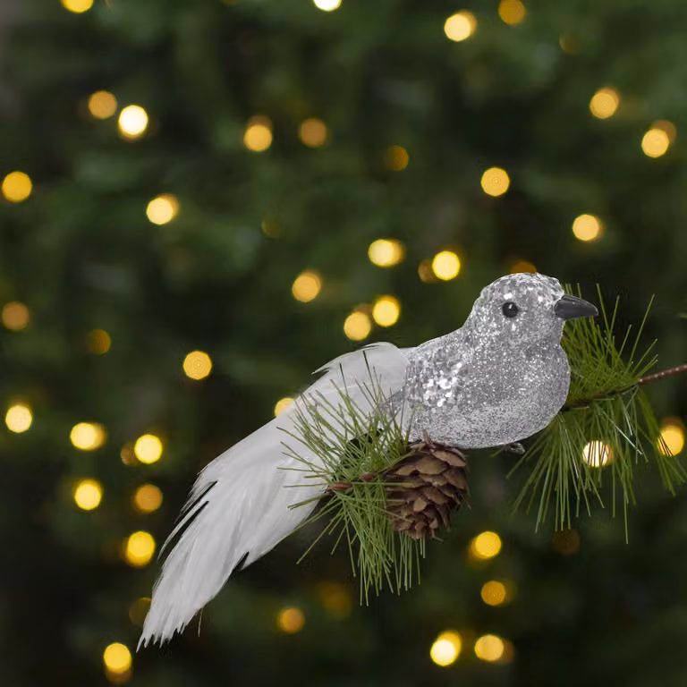 Decorazioni natalizie - Uccellino a forma di graffetta - Brillante - Argento - 2 pezzi per confezione