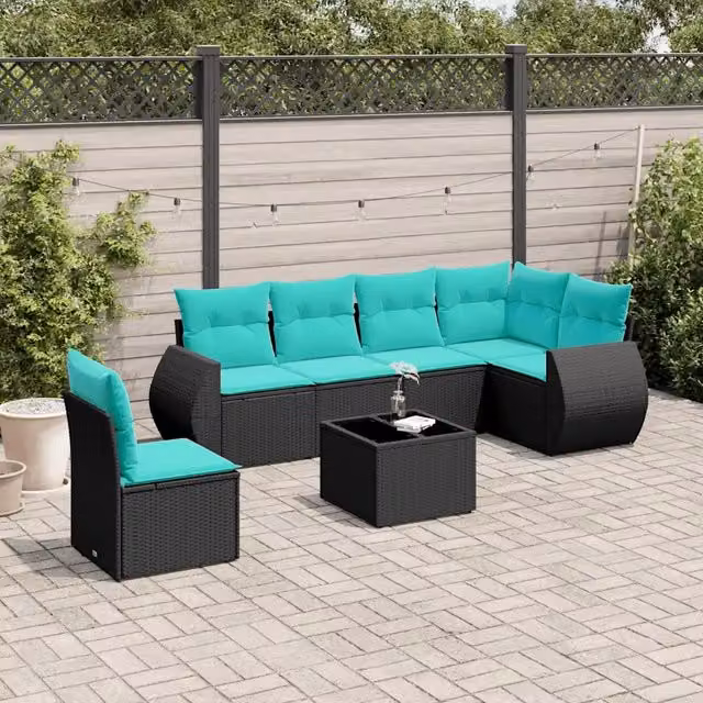 Set Divani da Giardino 7 pz con Cuscini Nero in Polyrattan 3221436