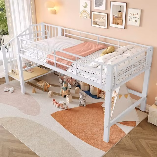 Letto a soppalco 90x200 cm bianco MDF e metallo con scala contenitore
