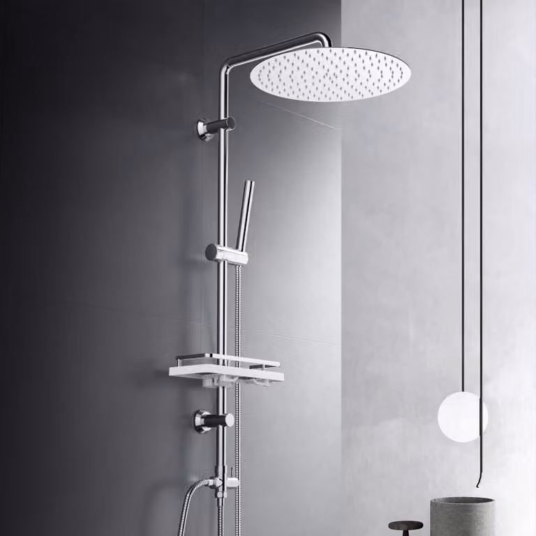 Set doccia da esterno in acciaio inossidabile, completo di scaffale e soffione manuale