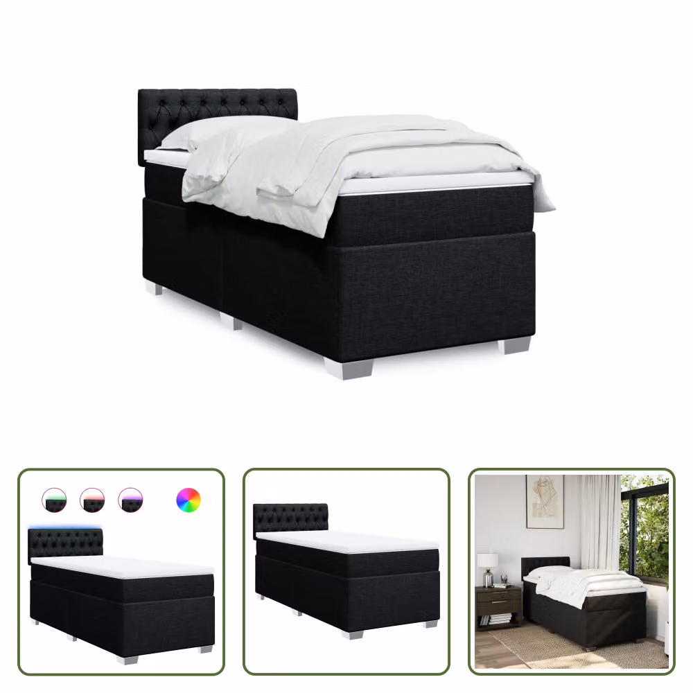 The Living Store Letto a molle con materasso nero 90x200 cm in tessuto