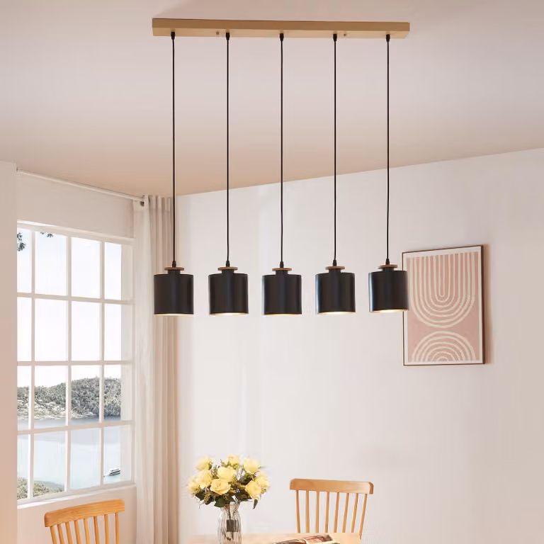 Lampada a sospensione 'Posdand' a 5 luci in legno e metallo 130 x 90 x 14 cm nero