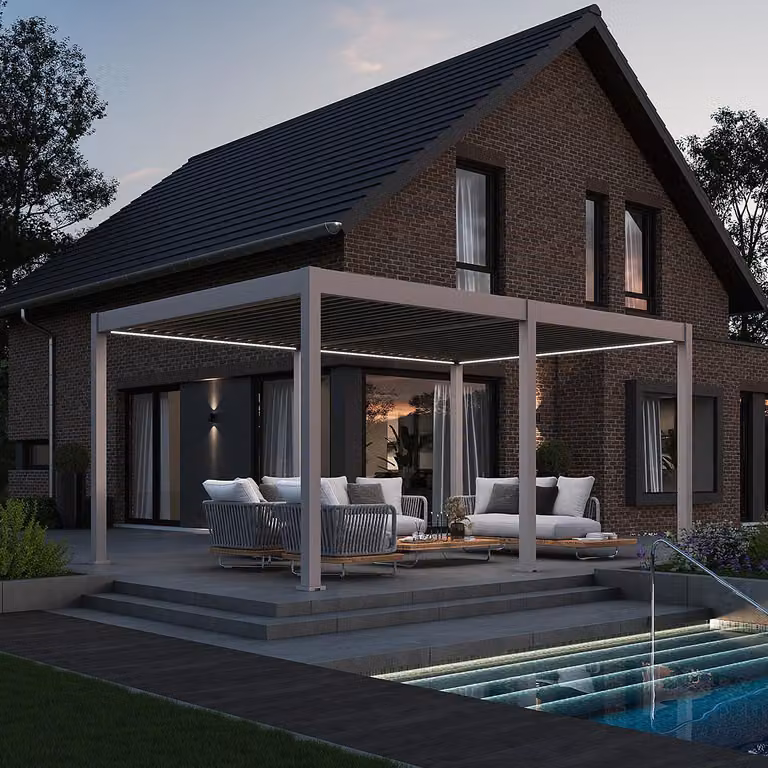 Pergola elettrica Weide E-Deluxe interamente in alluminio, 3,6x5,3 m, con tetto a lamelle color Ivory Sand