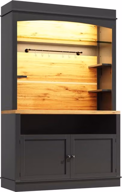 Mobile cucina alto in MDF con LED, 107x43x184 cm, colore nero, con ripiani aperti e anta doppia