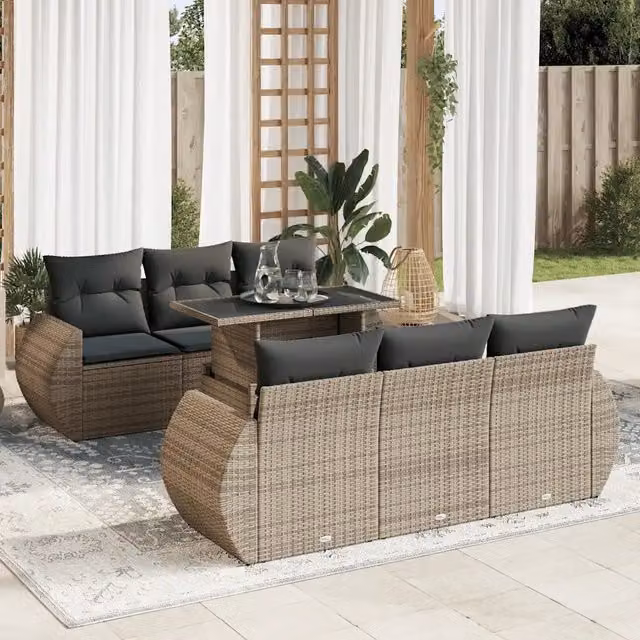 Set Divani da Giardino 7 pz con Cuscini Grigio in Polyrattan 3326581