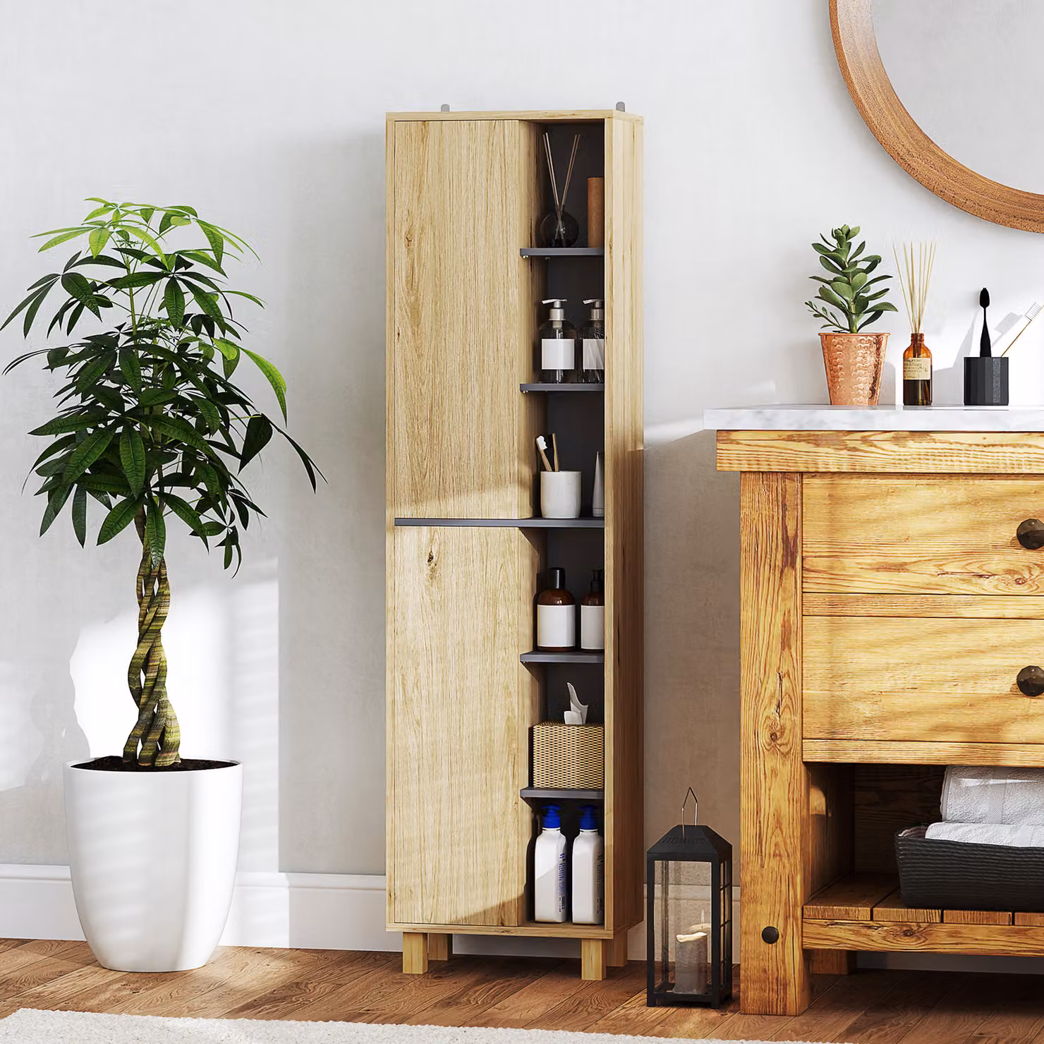 Mobile colonna bagno HOMCOM in legno naturale marrone e beige con 6 scomparti aperti e 2 armadietti con ante a battente – 2