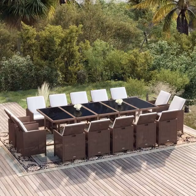 Set da pranzo da giardino vidaXL in polyrattan marrone e bianco con tavolo rettangolare in vetro e 15 pezzi