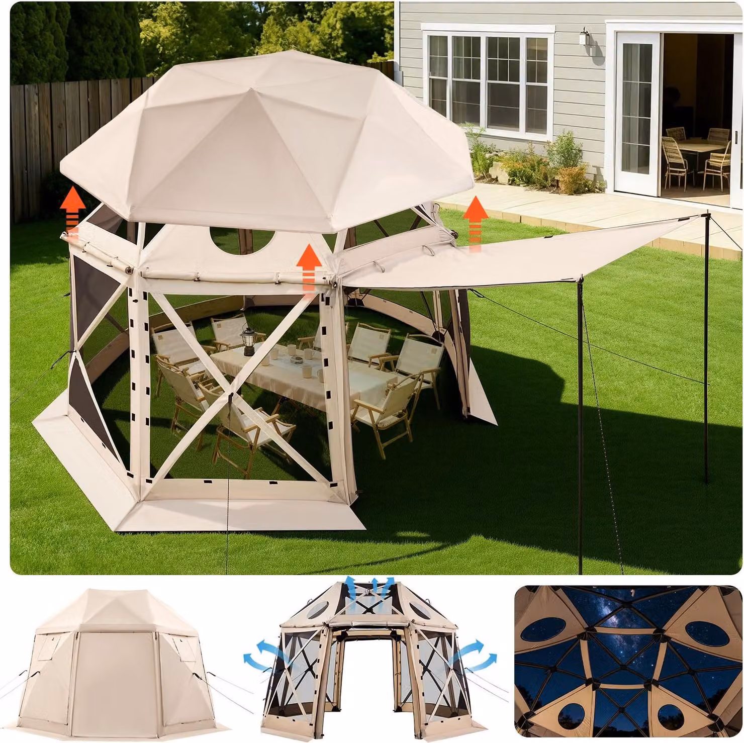 Gazebo pieghevole Pop-up Partyzelt - Tenda a cupola a 13 lati - Dimensioni 3,6 x 3,6 m - Per 8-10 persone - Tetto rimovibile - Ventilazione a 360° - Protezione solare UV - Con borsa per il trasporto - Beige