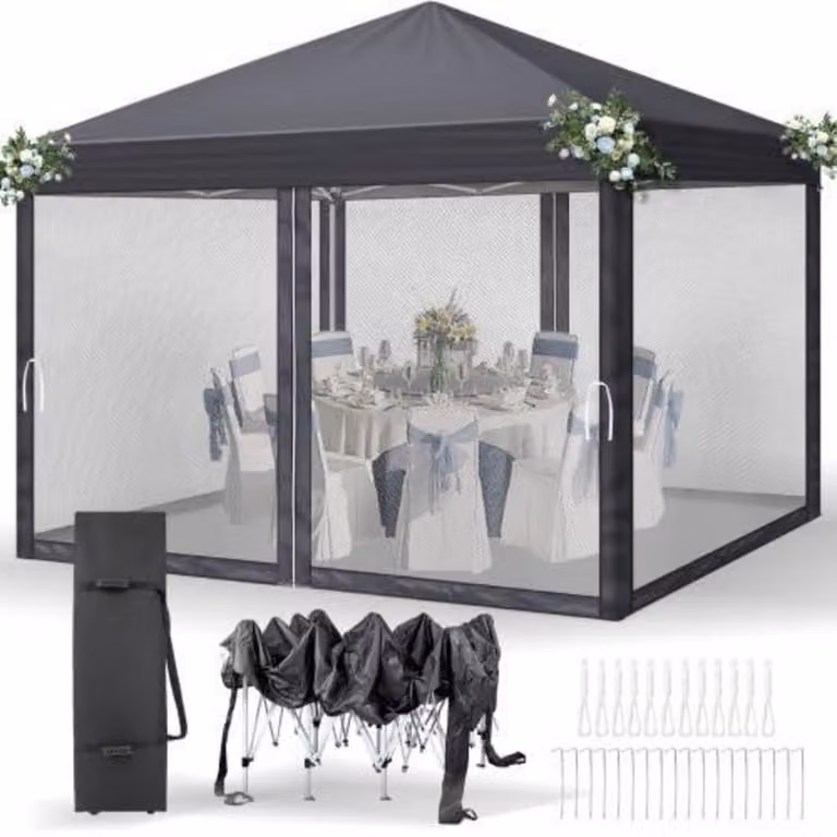 Gazebo da 3x3 metri, impermeabile, con protezione UV 50+, dotato di 4 pannelli laterali in rete, colore grigio scuro