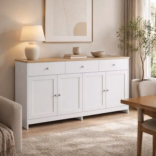 Credenza REDOM in stile country house bianca e argento con ripiani in legno e finitura opaca per cucina, sala da pranzo o soggiorno