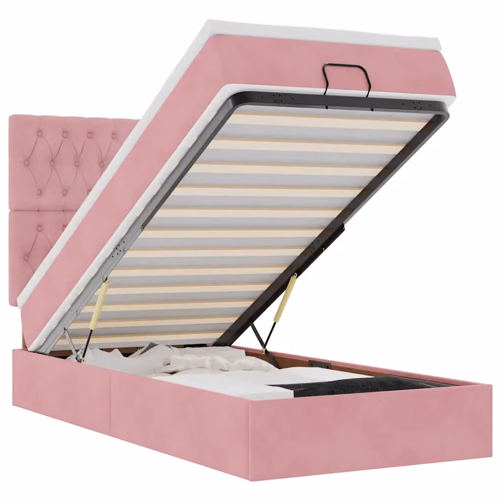 Letto con contenitore a sollevamento vidaXL in velluto rosa e bianco L: 200 cm, P: 90 cm, H: 128 cm – 2