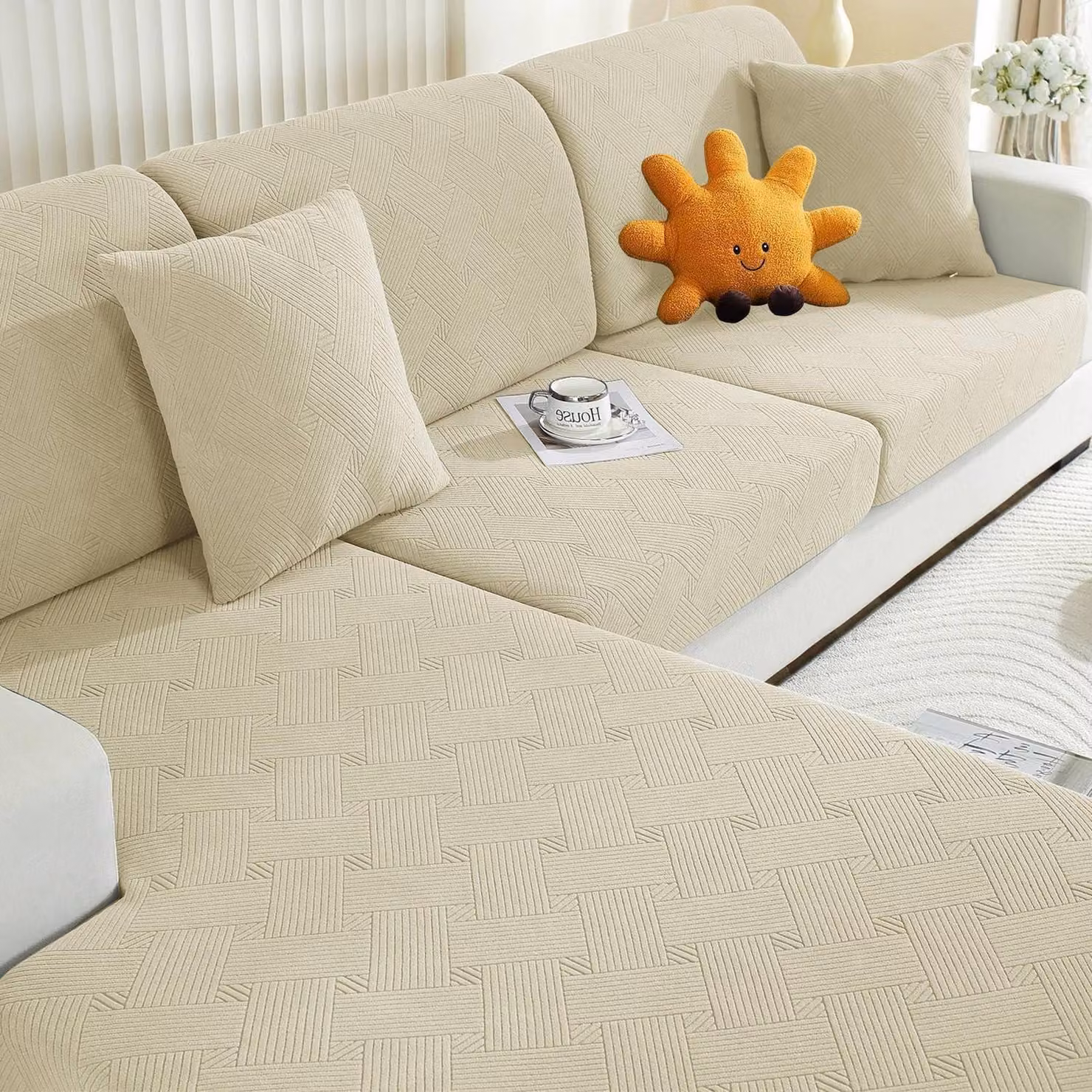 Copertura elastica beige per cuscini del divano, adatta a divani a 1 posto * 2 posti + chaise longue, con motivo geometrico, antiscivolo e protezione a 360°