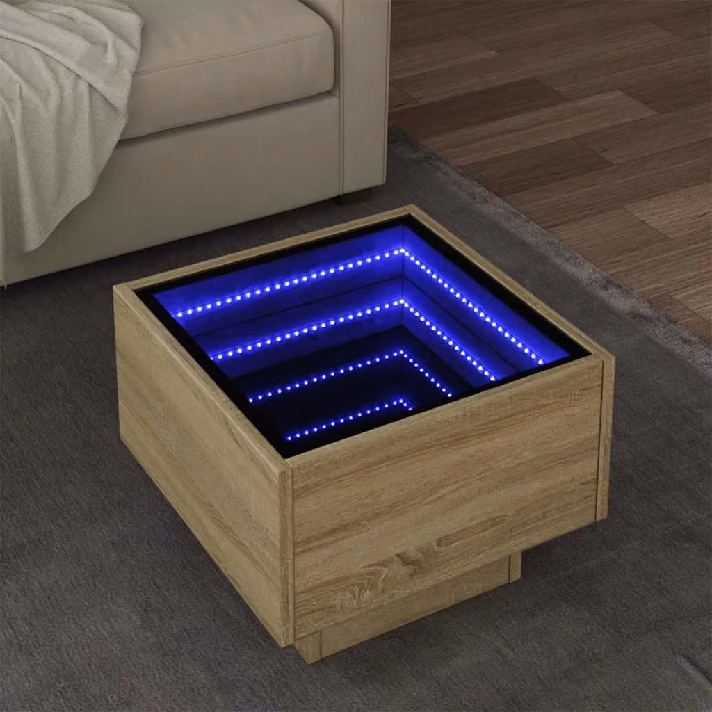 vidaXL Tavolino Quadrato con LED in Legno Rovere Sonoma Marrone L/P/H: 40 x 40 x 30 cm