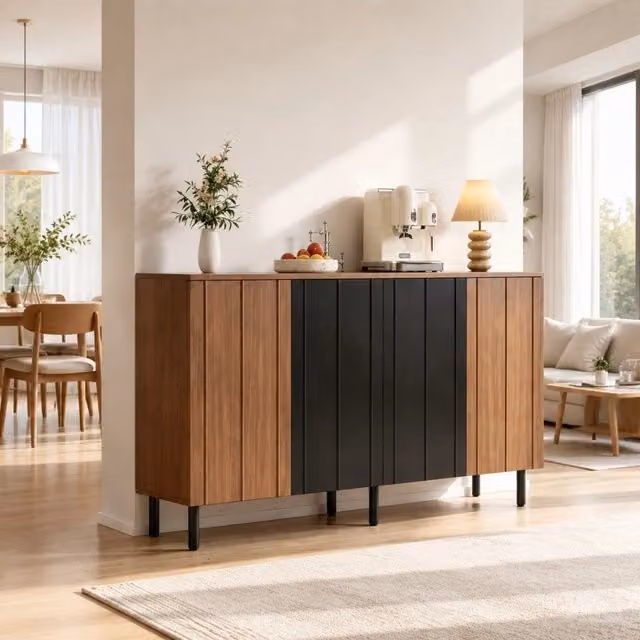 Credenza moderna MIVRAY con 4 ante e ripiani regolabili in finitura noce e nero per cucina e soggiorno L: 160 cm, P: 35 cm, H: 80 cm
