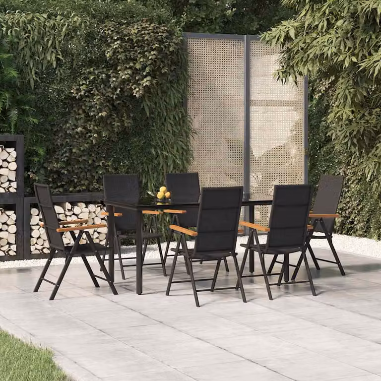 Set da pranzo da giardino vidaXL in 7 pezzi in polyrattan nero e marrone con tavolo rettangolare in vetro