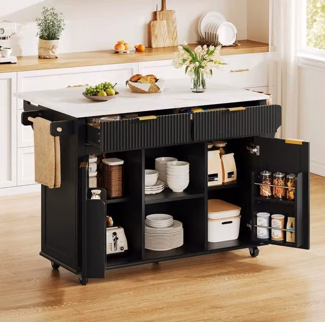 Isola da cucina ULEVR 143x45/69x89,5 cm con piano ribaltabile, 2 cassetti, 2 ante e ruote, nero e naturale