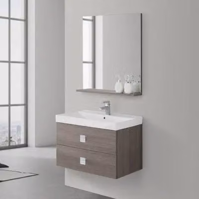 Mobile bagno sospeso Bravo in rovere marrone con lavabo, specchio e cassetti con chiusura soft-close L 75 cm x P 51 cm x H 47 cm