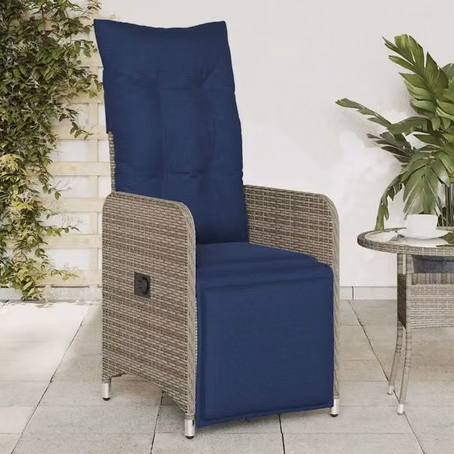 Sedia da giardino reclinabile vidaXL in polyrattan grigia con cuscini blu e poggiatesta regolabile – 1