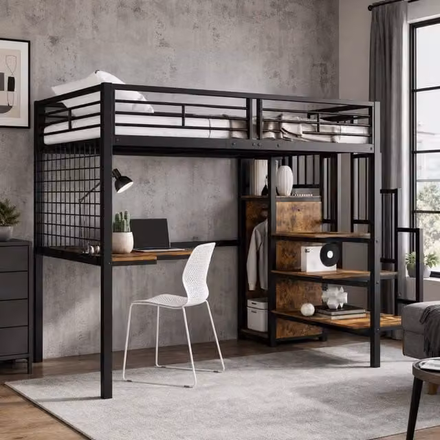 Letto a soppalco 90x200 cm con armadio integrato e scala laterale; MDF e metallo; nero noce scuro