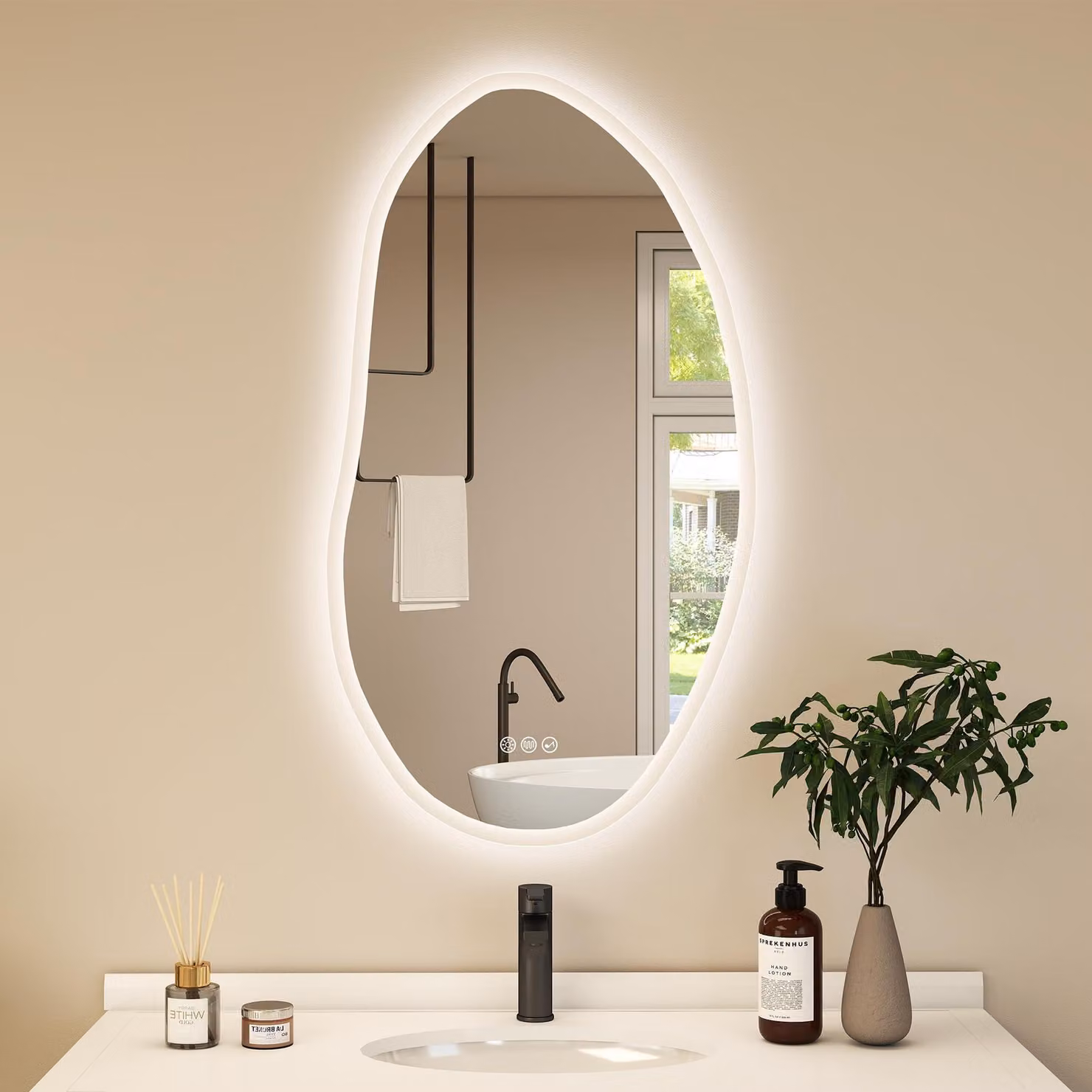 Specchio da bagno a LED, forma irregolare, 50x90 cm, con Bluetooth, dimmerabile, grado di protezione IP44