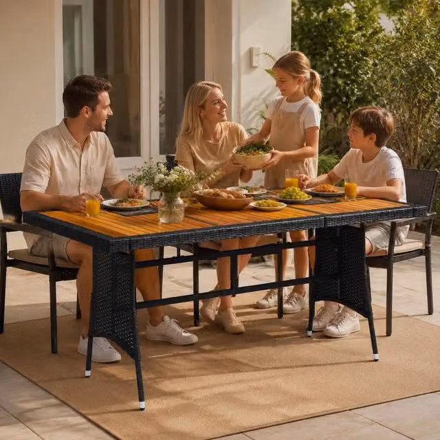Garden Table Black 160x70x72cm Poly Rattan & Solid Acacia Wood