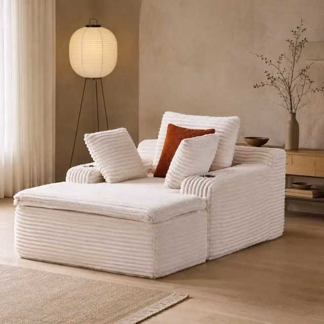 Divano da pavimento pieghevole a L con chaise longue beige in velluto a coste e cuscini inclusi