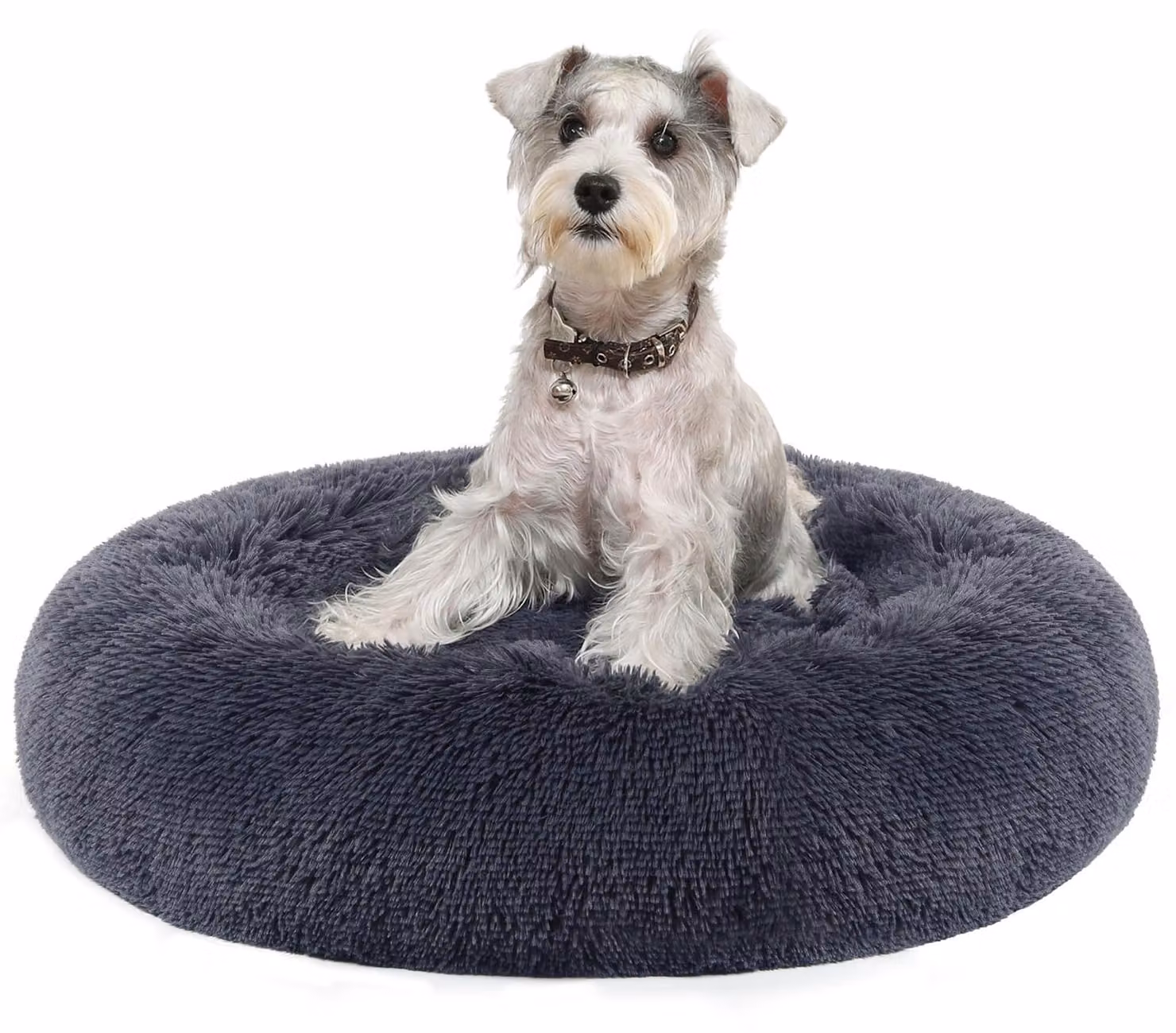 Cuccia per cani Feandrea, anche adatta per gatti, forma a ciambella, imbottita, lavabile, imbottitura centrale rimovibile, peluche lungo, diametro 70 cm, color grigio scuro, modello PGW039G02