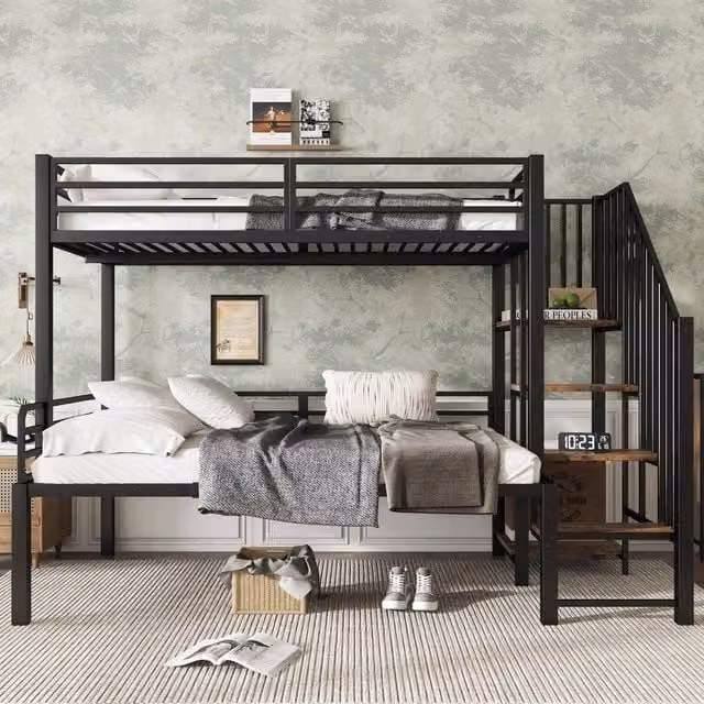 Letto a castello Mivray in metallo nero con scala angolare e contenitore per cameretta dei bambini L/P/H: 257 x 124 x 160 cm