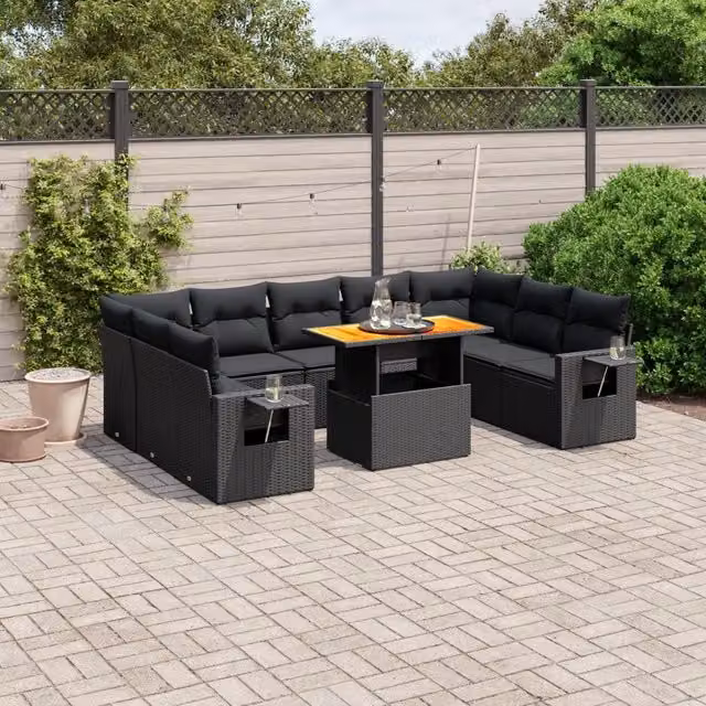 Set Divani da Giardino 10pz con Cuscini in Polyrattan Nero 3271895